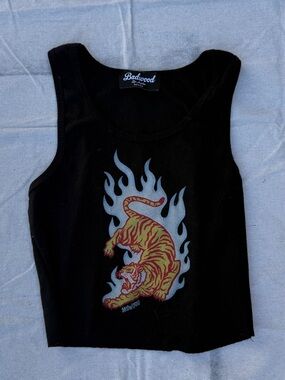 Badwood Black Crop Tank with Flaming Tiger Graphic